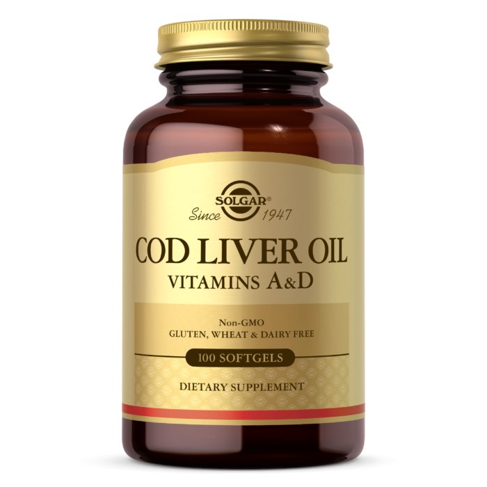 SOLGAR Cod Liver Oil - Vitamins A&D - Tran dorszowy - Suplement Witaminy A i D (100 kaps.)