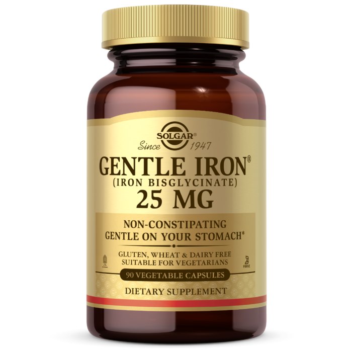 SOLGAR Gentle Iron 25 mg - Łagodny związek żelaza - diglicynian żelaza (90 kaps.)