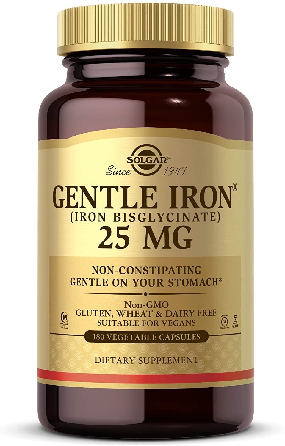 SOLGAR Gentle Iron 25 mg - Łagodny związek żelaza - diglicynian żelaza (180 kaps.)