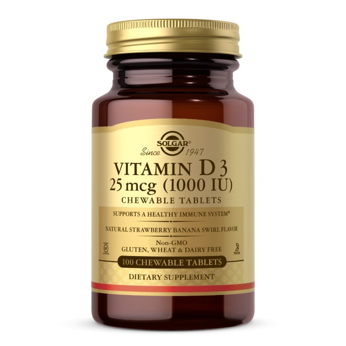 SOLGAR Witamina D3 1000 IU 25 mcg Chewable Tablets (100 tabl.)