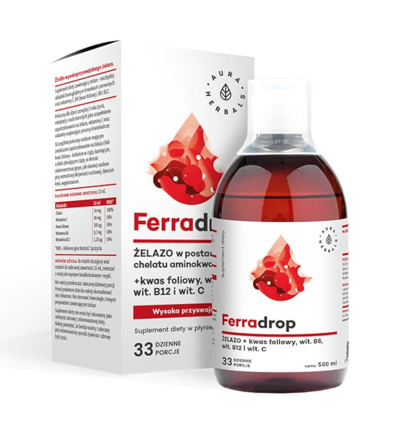 AURA HERBALS Ferradrop - Żelazo + Kwas Foliowy w płynie (500 ml)
