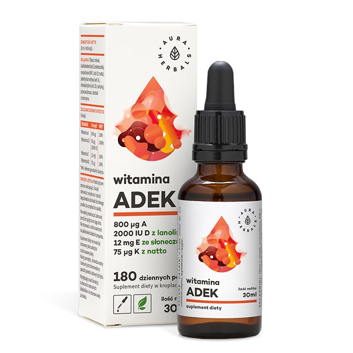 AURA HERBALS Witamina A + D3 (2000 IU) + E + K2 MK7 (ADEK) krople (30 ml)