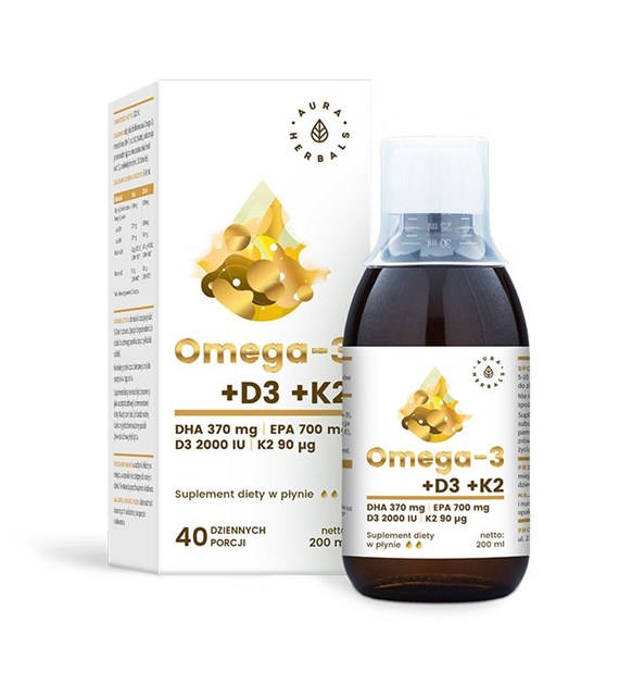 AURA HERBALS Omega-3 (370 DHA) + D3 (2000 IU) + K2MK7 w płynie (200 ml)