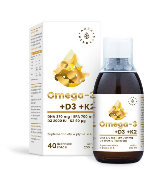 AURA HERBALS Omega-3 (370 DHA) + D3 (2000 IU) + K2MK7 w płynie (200 ml)