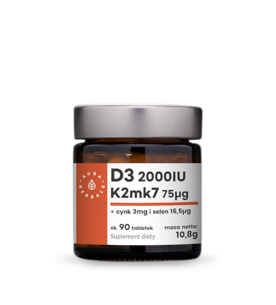AURA HERBALS Witamina D3 (2000 IU) + K2mk7 + Cynk + Selen (90 tabl.)