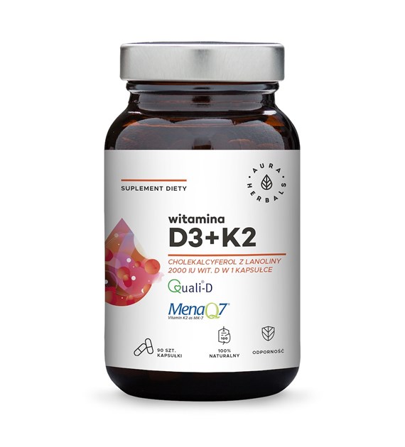 AURA HERBALS Vitamin D3, 2000 IU, 50 mcg + K2 (90 caps)