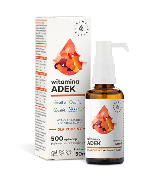 AURA HERBALS Witamina A + D3 + E + K2 MK7 (ADEK) - dla rodziny (50 ml)