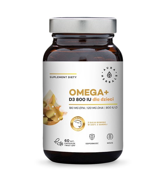 AURA HERBALS Omega+ dla dzieci (kapsułki twist-off) - Kwasy Omega 3 180 EPA 120 DHA + Witamina D3 800 IU (60 kaps.)