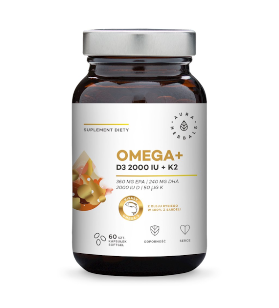 AURA HERBALS Omega+ Witamina D3 2000 IU /cholekalcyferol/ 50 mcg + K2 MK-7 (60 kaps.)