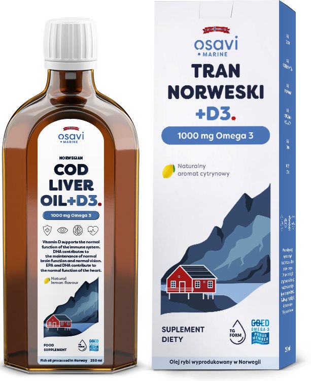 OSAVI Norwegian Cod Liver Oil +D3, 1000 mg  Omega 3 - lemon flavor (250 ml / 8.5 fl. oz.)
