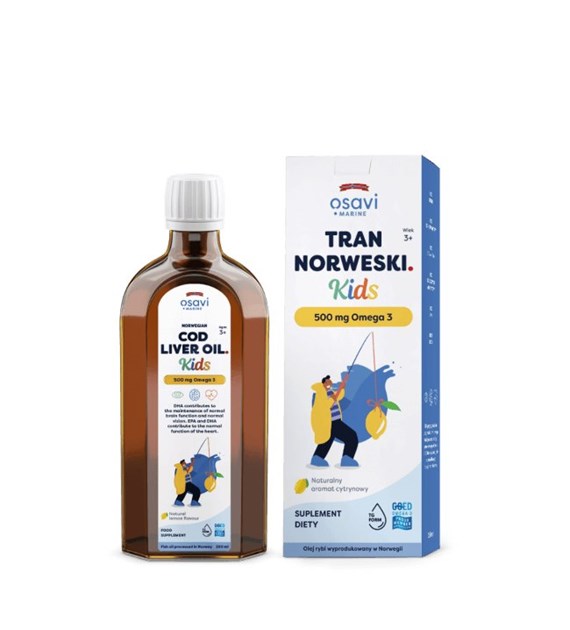 OSAVI Norwegian Cod Liver Oil for Kids, 500 mg - lemon flavor (250 ml / 9 fl. oz.)