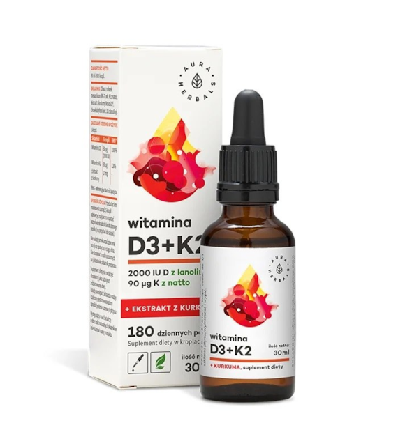 AURA HERBALS Witamina D3 2000 IU + K2 + ekstrakt z kurkumy (50 ml)