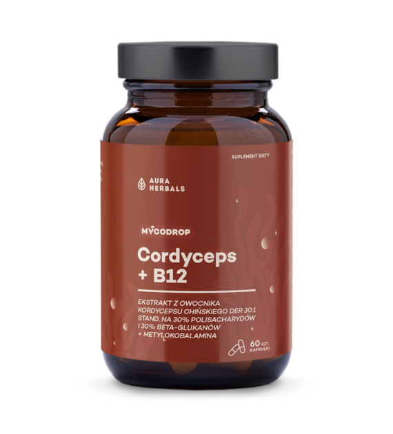 AURA HERBALS Mycodrop, Cordyceps 30:1 + B12, 30% beta-glukan (60 caps)