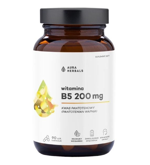 AURA HERBALS Witamina B5 200 mg, kwas pantotenowy (90 kaps.)