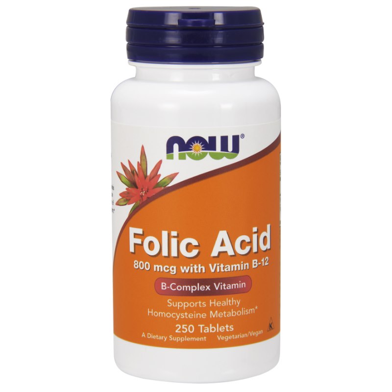 NOW FOODS Folic Acid - Kwas foliowy 800 mcg + Witamina B12 25 mcg (250 tabl.)