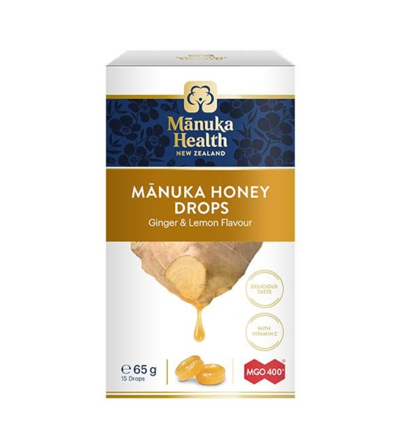 MANUKA HEALTH Cukierki z Miodem Manuka MGO™ 400+ i witaminą C - smak imbirowo-cytrynowy (65 g)